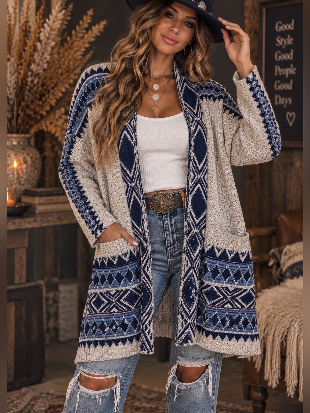 Lucky Brand Navy Blue Geometric Open Front Cardigan Women’s Large Boho Sweater